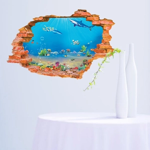 3D ocean world wall decal featuring sharks and coral reef breaking through a brick wall