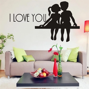 Romantic I Love You wall decal featuring silhouette of kissing couple for living room decor