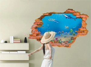 3D ocean world shark wall sticker with broken brick effect for modern home decor