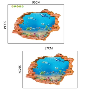 Size comparison chart for 3D ocean wall decals with shark and coral reef designs