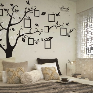 Black family tree wall decal with ten photo frames and inspirational quote for home decor