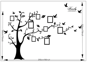 Detailed view of family tree wall decal dimensions including photo frames and birds