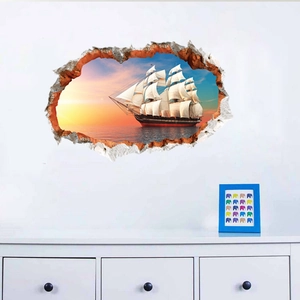 Adesivo murale 3D barca a vela sull'oceano con effetto muro rotto per decoro casa