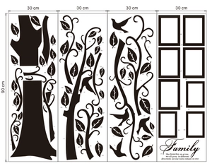 Macro layout of family tree wall sticker pieces with bird decals and photo frames