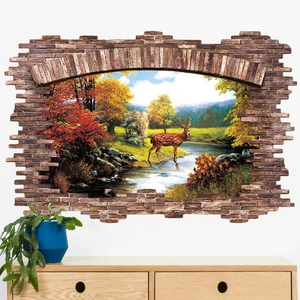 3D broken wall decal featuring golden autumn deer and forest for living room decor