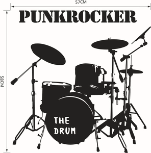 Detail der Punk-Rock Schlagzeug-Wandtattoo-Silhouette mit Maßen 57x58cm