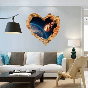 3D wall sticker featuring a broken wall heart shape with space scene and falling meteorite