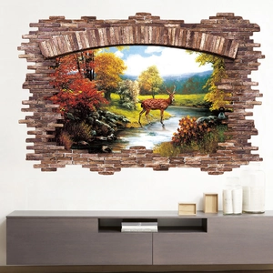 3D autumn forest deer wall decal with brick frame effect for living room decoration