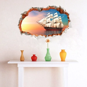 Dettaglio adesivo murale 3D effetto rotto con nave a vela al tramonto per la decorazione