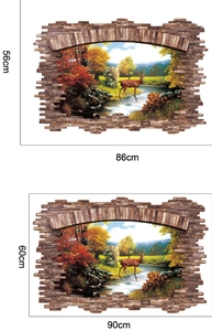 3D autumn deer forest wall stickers with window view effect in two size variants