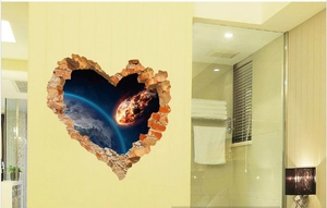 Detailed view of 3D heart wall sticker featuring deep space cosmic meteor design on wall