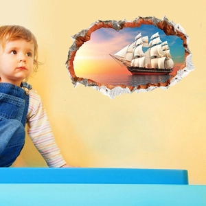 Adesivo murale 3D effetto muro rotto con barca a vela oceano al tramonto decoro