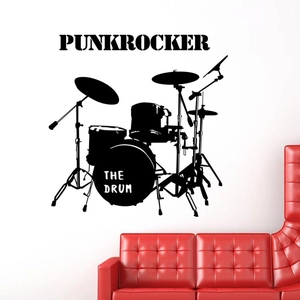 Kreativer schwarzer Schlagzeug-Wandaufkleber mit Punk Rocker-Schriftzug für Deko