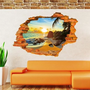 3D Wandtattoo Strand Sonnenuntergang mit Durchbruch-Effekt Palme und Meerblick Optik