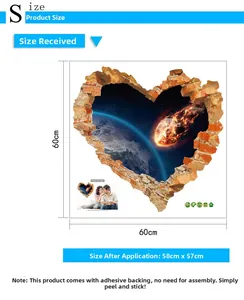 Size guide for 3D heart wall sticker showing layout 60x60cm and final 58x57cm dimensions