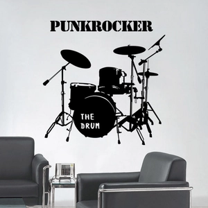 Minimalistischer Wandaufkleber mit Schlagzeug-Silhouette und Punkrocker-Schriftzug in Schwarz