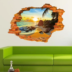 3D tropical beach sunset wall decal with broken brick frame for home interior decor