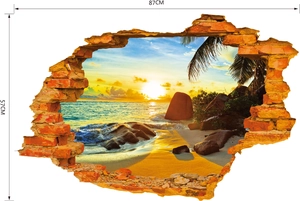 Detail of 3D cracked wall beach sunset sticker showing dimensions 87cm by 57cm
