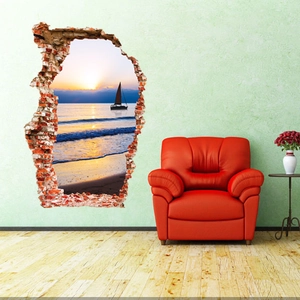 Detail of 3D cracked wall decal featuring a sunset seascape with a sailboat and red bricks