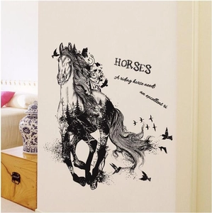 Running horse wall sticker with mountain landscape forest design and artistic text