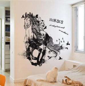 Black horse silhouette wall sticker with forest and birds design for living room decor