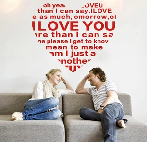 Sticker mural cœur rouge romantique avec texte I LOVE YOU pour décoration de salon