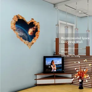 3D heart cracked wall sticker with space scene and earth motif, 58x57cm vinyl wall decal