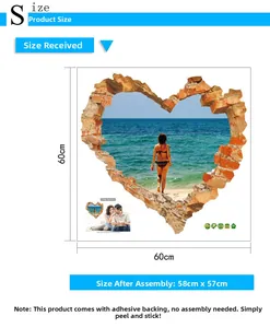 Detailed size chart showing 60x60cm sheet and 58x57cm applied 3D wall sticker dimensions