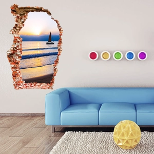 3D sea sunset mural wall sticker with realistic broken brick frame effect for living room