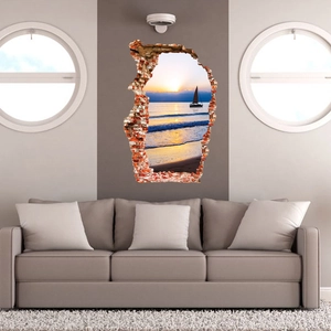 3D wall sticker with sunset sea view and sailboat through a broken brick wall effect