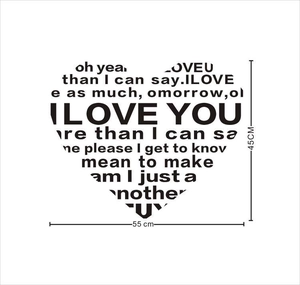 Sticker mural détaillé en forme de cœur I LOVE YOU avec dimensions 55cm x 45cm décor