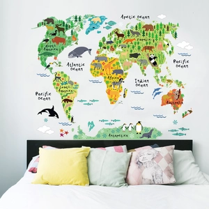 Cartoon Animal World Map Wall Sticker For Kids Room Nursery Removable PVC Waterproof Educational Geography Decor