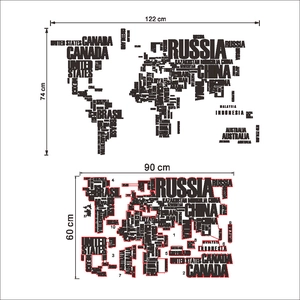 Tabella comparativa delle dimensioni per adesivi murali mappa mondo con nomi di paesi
