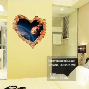 3D wall sticker featuring broken heart wall with earth and cosmos scene for living room deco