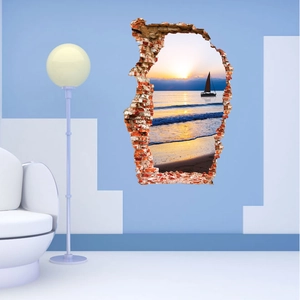 3D ocean sunset wall sticker with broken brick effect and sailboats for home decor