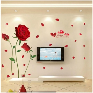 Removable red rose wall stickers for home decor with romantic petals and floral patterns