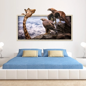 Adesivo murale 3D con giraffa e aquila su sfondo cielo blu per decorazione camera da letto