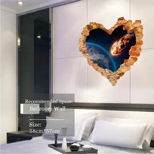3D heart cracked wall sticker with space cosmic view for modern bedroom wall decor