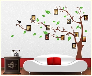 Sticker Mural Arbre Photo DIY PVC Amovible Branche Brune Feuille Verte Oiseau Noir Décoration Maison Salon Chambre Papier Peint Mural