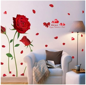 Romantic red rose wall decals with Valentine's Day hearts and bow for home decor