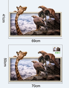 Adesivo murale 3D con giraffa e aquila che escono dalla cornice in due misure