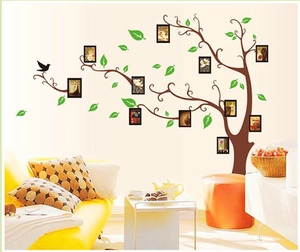 Sticker mural arbre à photos marron avec feuilles vertes et oiseaux pour décoration