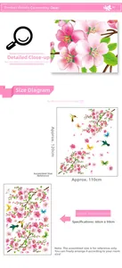 Detail view of pink cherry blossom wall stickers with hummingbirds and layout dimensions
