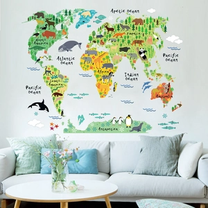 Colorful world map wall decals with cartoon animals for kids bedroom and living room decor