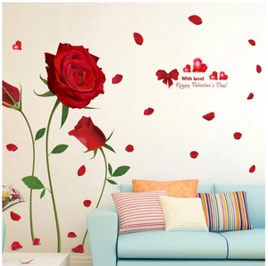 Romantic red rose wall stickers with Happy Valentine's Day text for living room decor