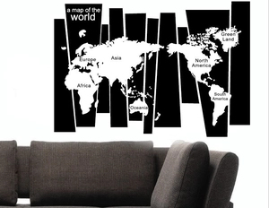Sticker mural mappemonde minimaliste noir avec noms des continents pour décoration bureau