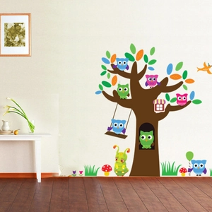 Vibrant cartoon owl wall stickers with big tree for nursery room decor scene