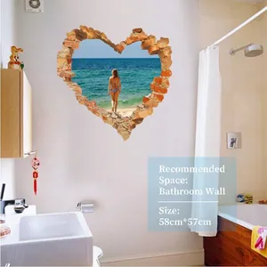 3D cracked wall beach heart sticker for bathroom decor with sea view, 58cm x 57cm