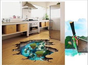 3D tropical island floor sticker with blue ocean and rock crack visual effects