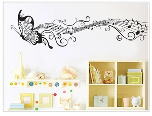 Artistic black butterfly and musical note wall sticker for living room home decor